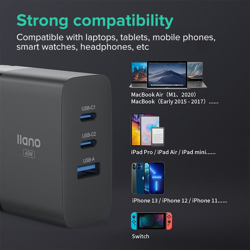 llano 65W GaN 3-Port Fast Charge Plug Phone PD QC Charger USB【llano-Black-PDL6】