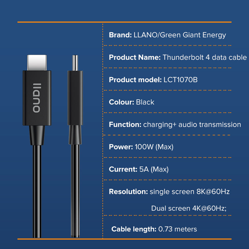 llano Thunderbolt 4 Cable 2.3 ft, 8K Display / 40Gbps Data Transfer / 100W Charging USB C to USB C Cable (LCT1070B)