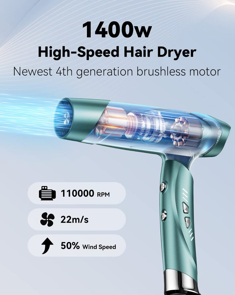 llano Hair Dryer Ionic Blow Dryer with 110,000 RPM Brushless Motor, llano Folding Portable Travel Hairdryer with 200 Million Neutralizing Ions, High-Speed Fast Drying Quiet Blowdryer for Women Men - Green